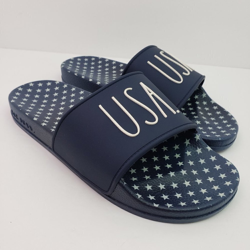 NEW Rae Dunn Womens Blue Stars USA Slides Sandals